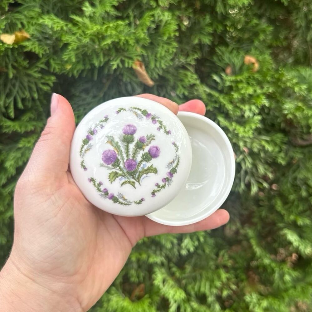 Vintage Porcelain Trinket Box Purple Thistle White Floral